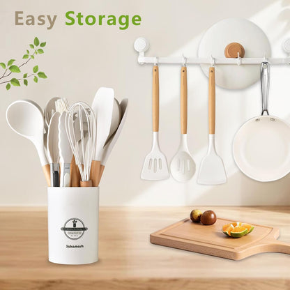 SAKAMOSH Silicone Cooking Utensils Set with Holder, 12 Pcs Heat Resistant Kitchen Utensils Set with Wooden Handle, BPA-free Spatula, Tongs, Spoons Set for Nonstick Cookware, Black