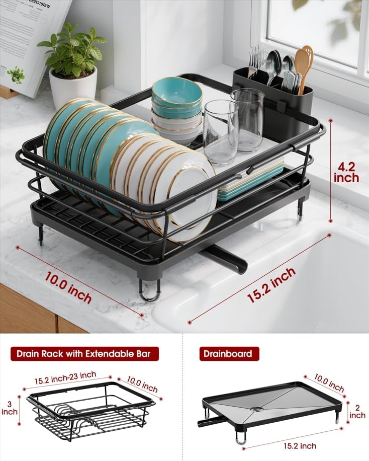Sakugi Dish Drying Rack in Sink - Expandable Stainless Steel Dish Rack Over the Sink, Kitchen Sink Drain Strainer with Cutlery Holder & Cup Holders, 15.4 x 9.8 x 3.0 Inch, Black