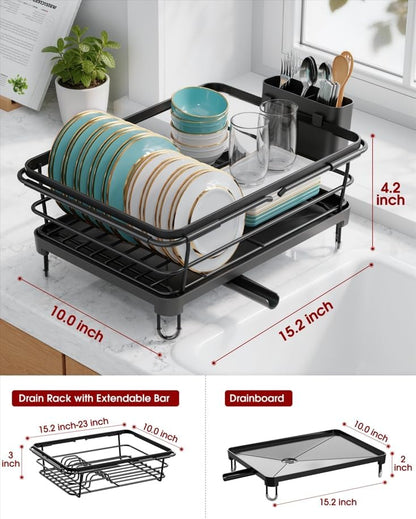 Sakugi Dish Drying Rack in Sink - Expandable Stainless Steel Dish Rack Over the Sink, Kitchen Sink Drain Strainer with Cutlery Holder & Cup Holders, 15.4 x 9.8 x 3.0 Inch, Black