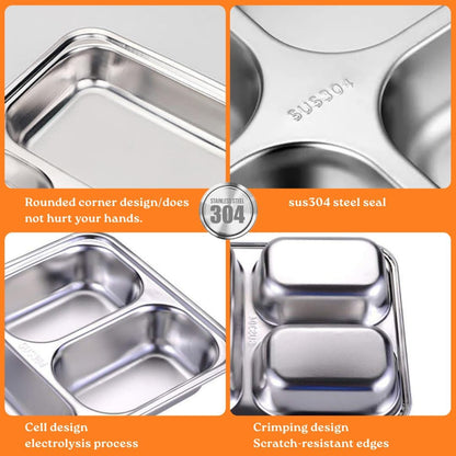 4 Pack Snack Containers for Kids, Stainless Steel Toddler Plates with Lids, 3 Compartment Food Container, Baby Plates, Stainless Steel Lunch Box for Kids, Bento Box Meal Prep Containers