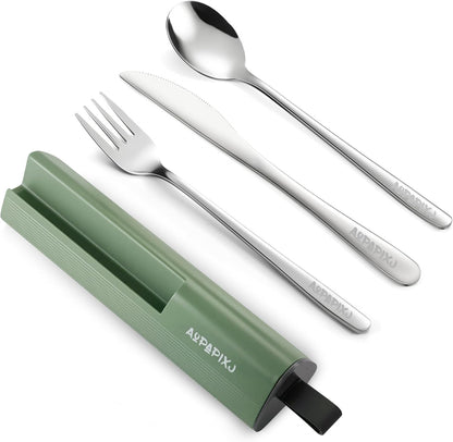 18/8 Stainless Steel Reusable Portable Utensils Set with Case & Phone Stand - Travel Flatware Kit for Office, Camping, Picnic, Outdoor Activities
