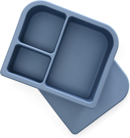 PrimaStella Unbreakable Silicone Lunch Box for Kids and Adults - Divided Leak Proof Bento Box (Slate Blue)