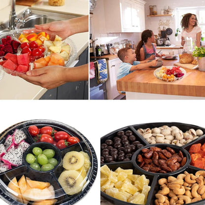 Black Plastic Appetizer Trays with Lids, Travel Round Disposable Compartment Serving Platters,6 Sectional Catering Trays for Vegetable Salad Food for Fruit Veggie Snack Food Containers (12 Pack)