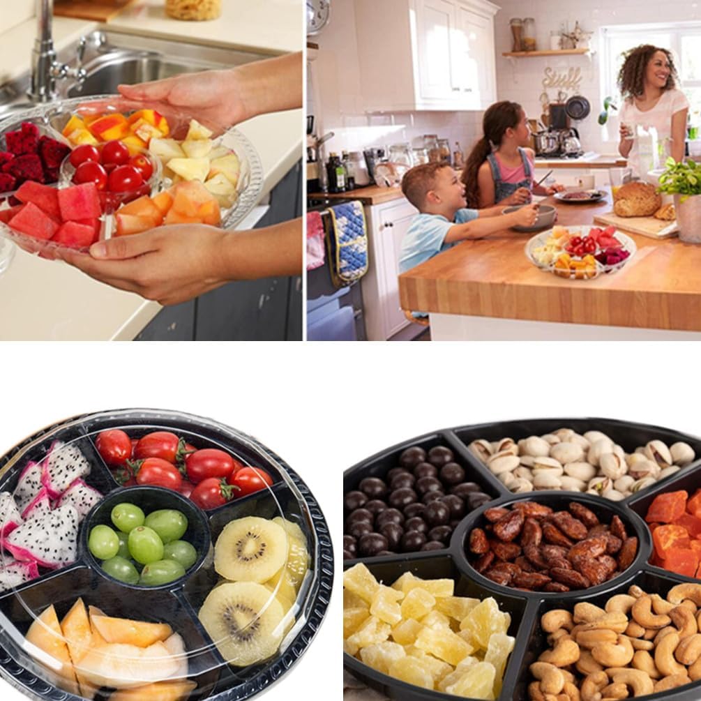 Black Plastic Appetizer Trays with Lids, Travel Round Disposable Compartment Serving Platters,6 Sectional Catering Trays for Vegetable Salad Food for Fruit Veggie Snack Food Containers (10 Pack)