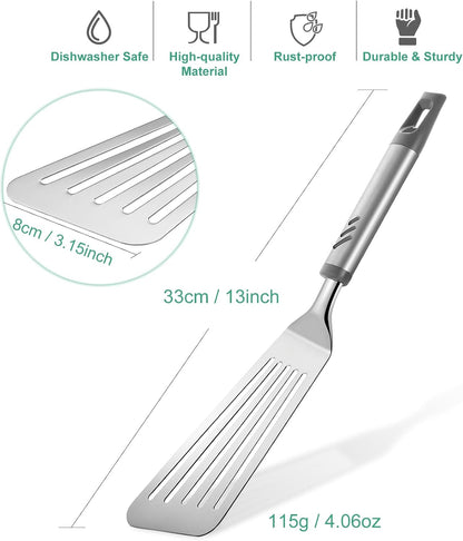Fish Spatula, Stainless Steel Fish Turner Slotted Metal Spatula for Kitchen Use, Flipper Spatulas for Cast Iron Skillet, Egg, Meat, Cooking and Frying, Dishwasher Safe, Comfortable Handle