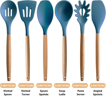 Kitchen Cooking Utensils Set, 6Pcs Silicone Kitchen Utensils Set Spatula Spoon Soup Ladle Turner, Heat Resistant Wooden Handle Silicone Cooking Gadgets for Nonstick Cookware & Baking BPA FREE
