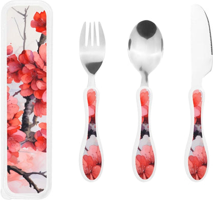 3-Piece Kids Silverware Set With Storage Case, Stainless Steel Reusable Children Safe Knife Spoon Fork Set Blue Active Girl Running Sunset Children Flatware Set For Kids Lunch Box - Colors C