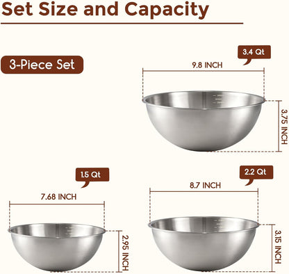 Gronivex 304 Stainless Steel Mixing Bowls, 3-Piece (1.5, 2.2 & 3.4 Qt) | Thicker-Gauge, Food-Grade Metal, Stackable Nesting & Space-Saving – For Kitchen Baking, Salads, Meal Prep, RV & Camping Use