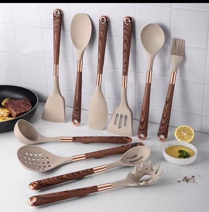 12-Piece Silicone Kitchen Utensils Set - Non-Stick Heat Resistant Cooking Tools with Wooden Handles & Holder Bucket - BPA-Free Kitchen Gadgets Set for Nonstick Cookware