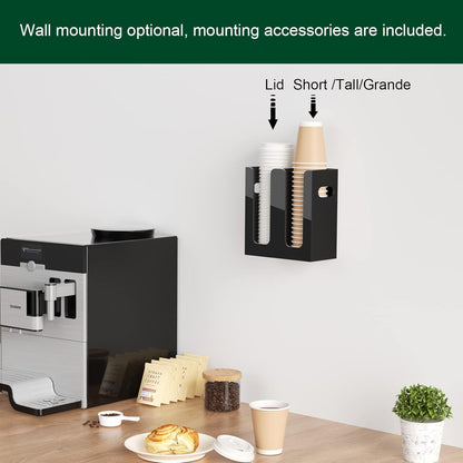 Disposable Coffee Cup Dispenser with Handles, Countertop or Wall Mount Hot/Cold Drink Cup and Lid Holder - Bathroom/Kitchen/Office Acrylic Cup Lid Storage Organizer (1 Compartment, Clear)