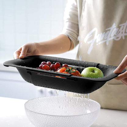 KesaPlan Collapsible Sink Colanders and Strainers Basket Over the Colander Extendable Plastic Fruit Vegetable Strainer Drainer for Kitchen(Length 14.3-19.4 inch)(Gray Set of 2)