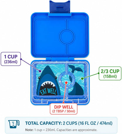Yumbox Snack Box, 3 Compartments, Leakproof, Glitter Blue | Built-In Dip Well | Removable Compartment Tray | Easy-Open Single Latch | Lightweight & Compact | Perfect for Snacks & Sides