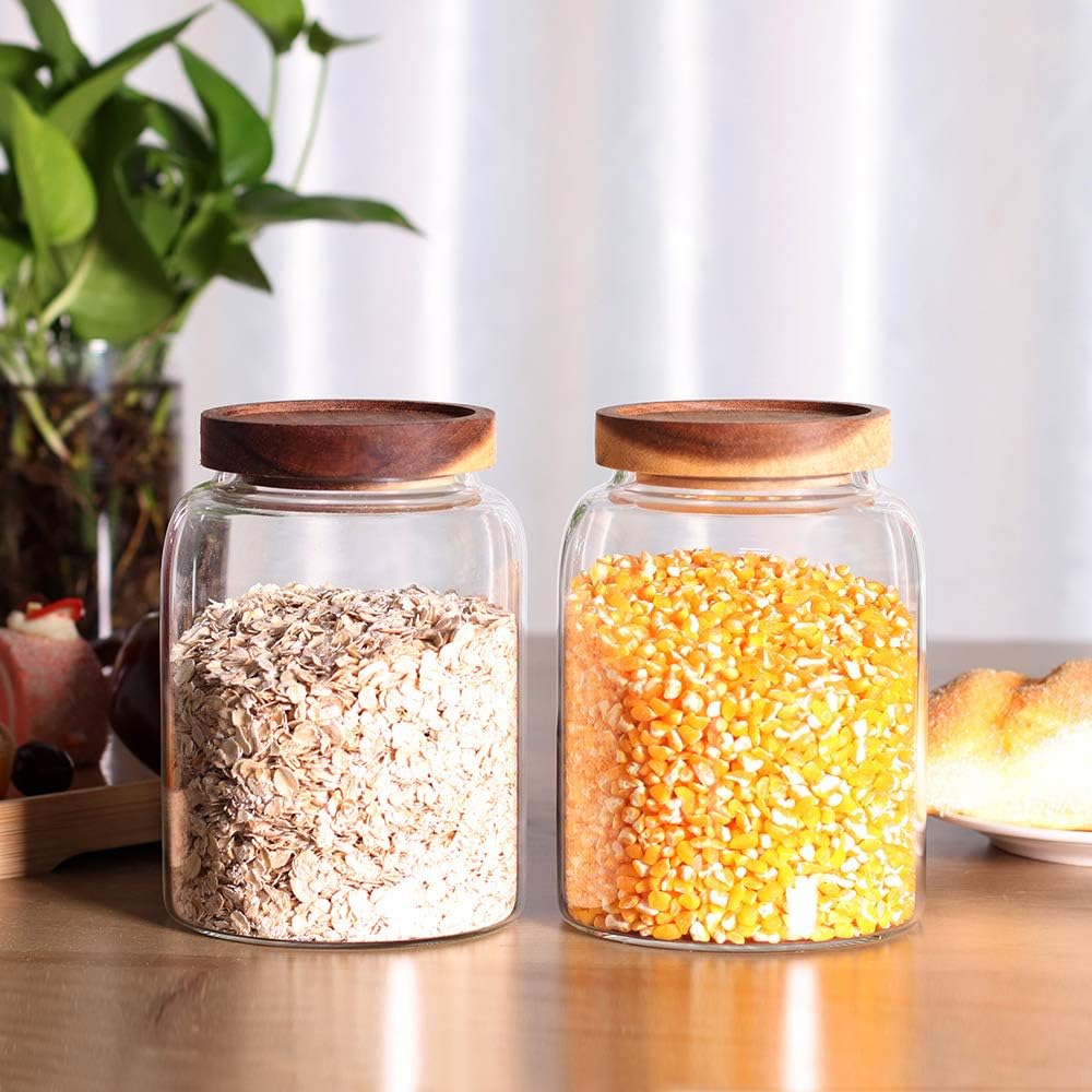 Large Glass Jar with Airtight Lid Set of 2 93 FL OZ(2750ml) glass canister set, Glass Food Containers Wooden Lid Suit for Kitchen Pantry for Flour, Tea, Coffee Beans, Sugar, Cookies(8.8 inch high)