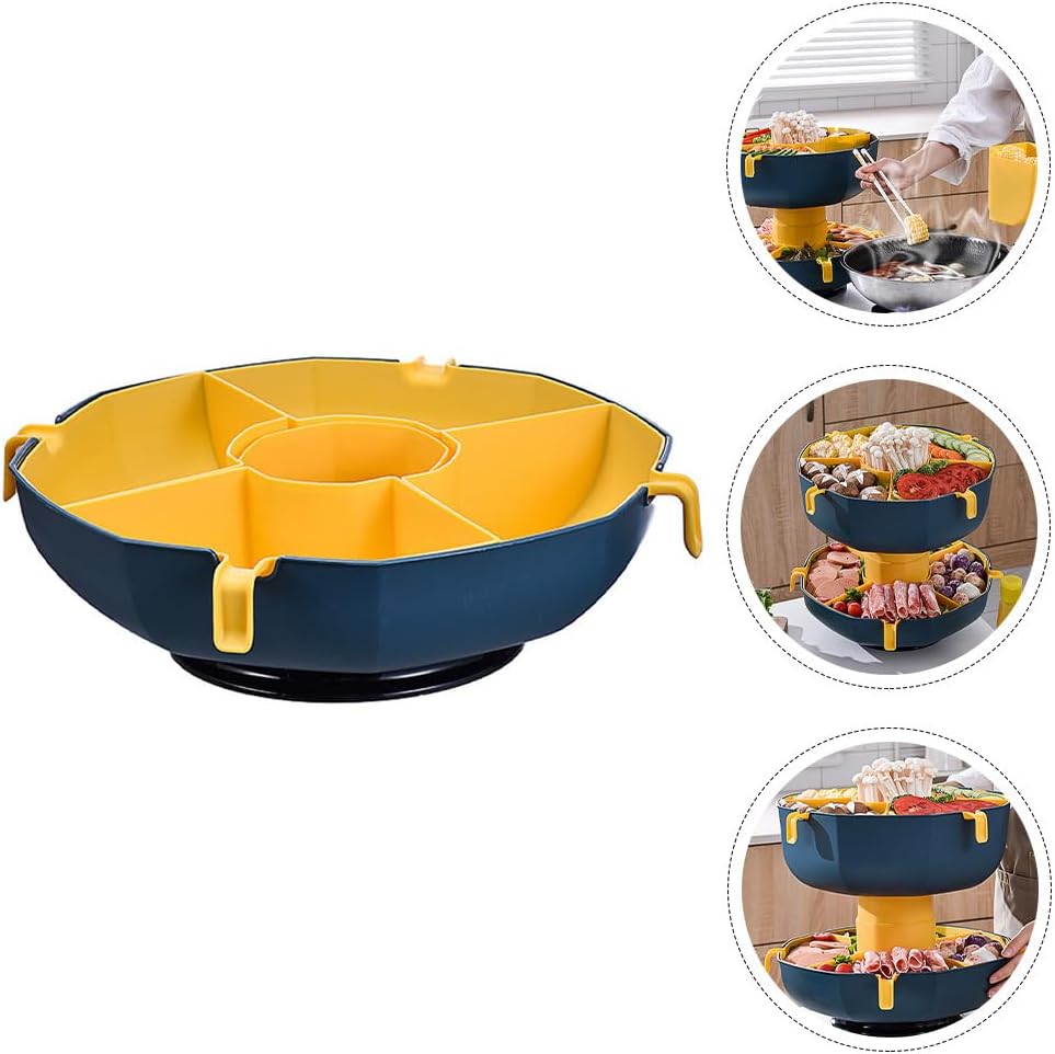 Rotatable Vegetable Draining Basket with Handle - Multi-Grid Hot Pot Serving Platter for Fruits and Vegetables