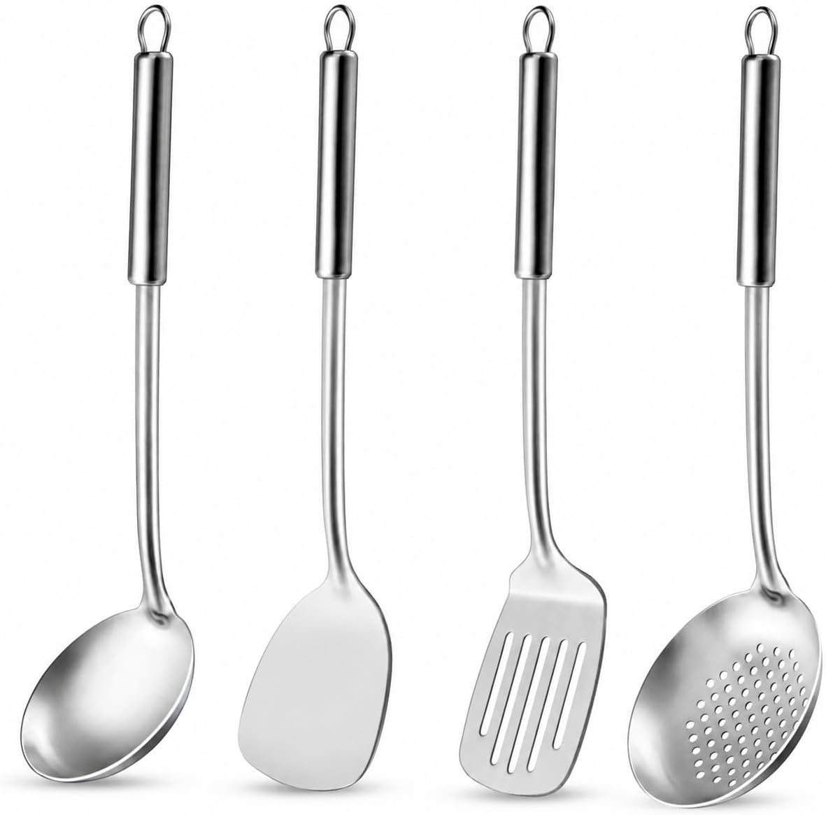 Pleafind 𝟑𝟑% 𝐎𝐅𝐅 Cooking Utensils Set - 4 Pcs Stainless Steel Kitchen Utensils Set with Solid Turner, Slotted Turner, Serving Ladle, Slotted Spoon, Wok Utensils Set with Heat Resistant Handle