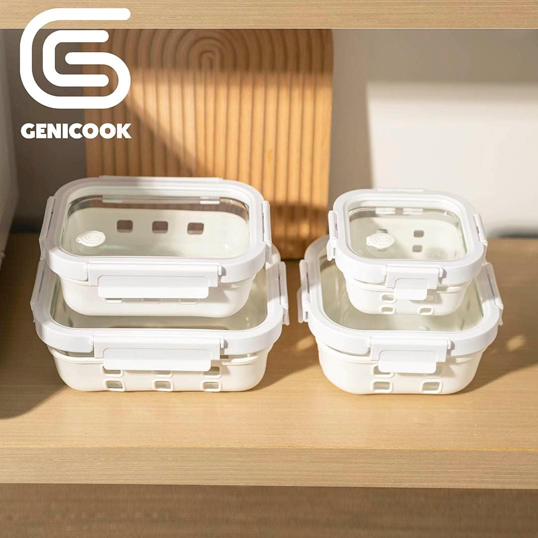 GENICOOK Glass Food Storage Containers With Glass Lids Bento Box Set Lunch Box Eco Friendly Meal Prep Containers Airtight – Plastic Free, Silicon Sleeve Bpa Free 4.4cup/ 5 * 1050ml