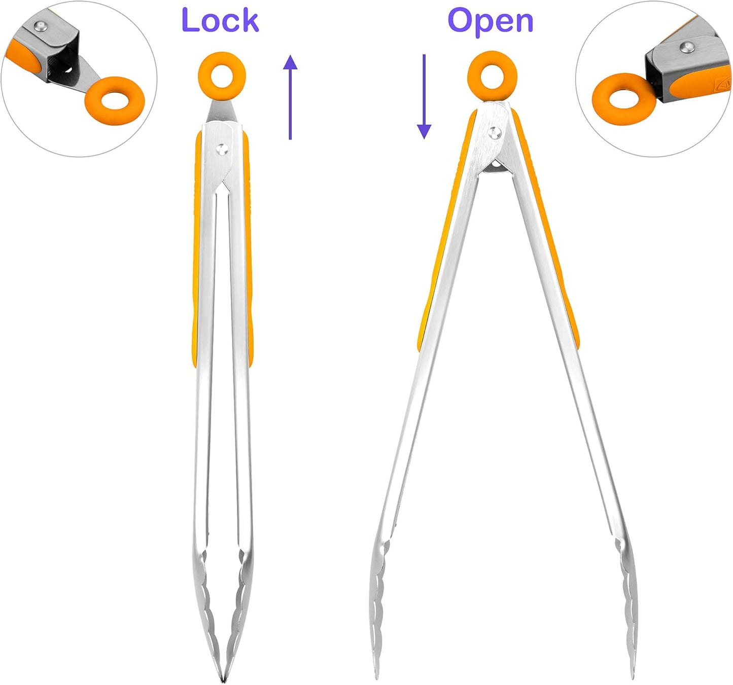 304 Stainless Steel Kitchen Cooking Tongs, 9" and 12" Set of 2 Sturdy Grilling Barbeque Brushed Locking Food Tongs with Ergonomic Grip, Black
