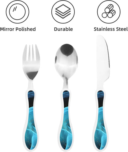 Stainless Steel Kids Silverware Set, Blue Fabric Utensil Set Reusable Children Safe Knife Spoon Fork Set With Storage Case Dishwasher Safe For Lunch, Travel Outdoors