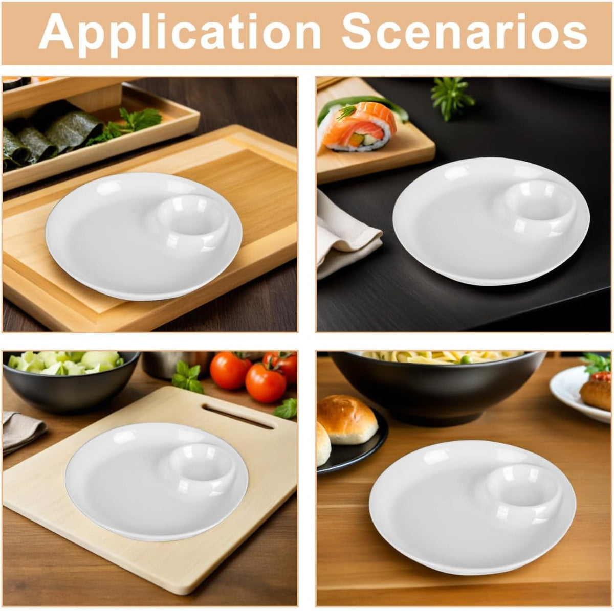 8.66-Inch Ceramic Dumpling Serving Plate with Built-in Sauce Dish Compact Food Plate for Noodles Snacks and Appetizers