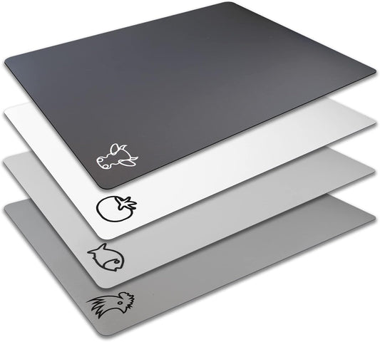 Fotouzy Plastic Cutting Boards with Food Icons, Set of 4, Flexible Cutting Mats with Hole, BPA-Free, Non-Slip and Dishwasher Safe, Modern Neutral Colors