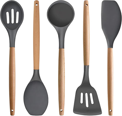Kitchen Cooking Utensils Set, 6Pcs Silicone Kitchen Utensils Set Spatula Spoon Soup Ladle Turner, Heat Resistant Wooden Handle Silicone Cooking Gadgets for Nonstick Cookware & Baking BPA FREE