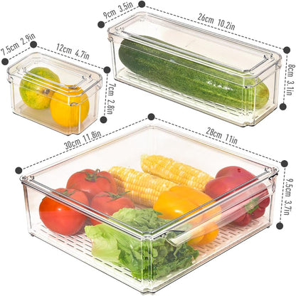 Stackable Refrigerator Organizer Bins with Lids, Fridge Organization and Storage Containers, BPA-Free Plastic Pantry Bins for Fruits, Vegetable, Drinks With Drain Tray, Set Of 10
