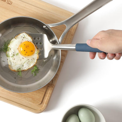 Calphalon Slotted Turner, Kitchen Flipping Spatula, Slotted Spatula, Stainless Steel Turner with Silicone Heat Resistance Handle, Nonstick-Safe Spatula for Draining and Flipping (Navy)
