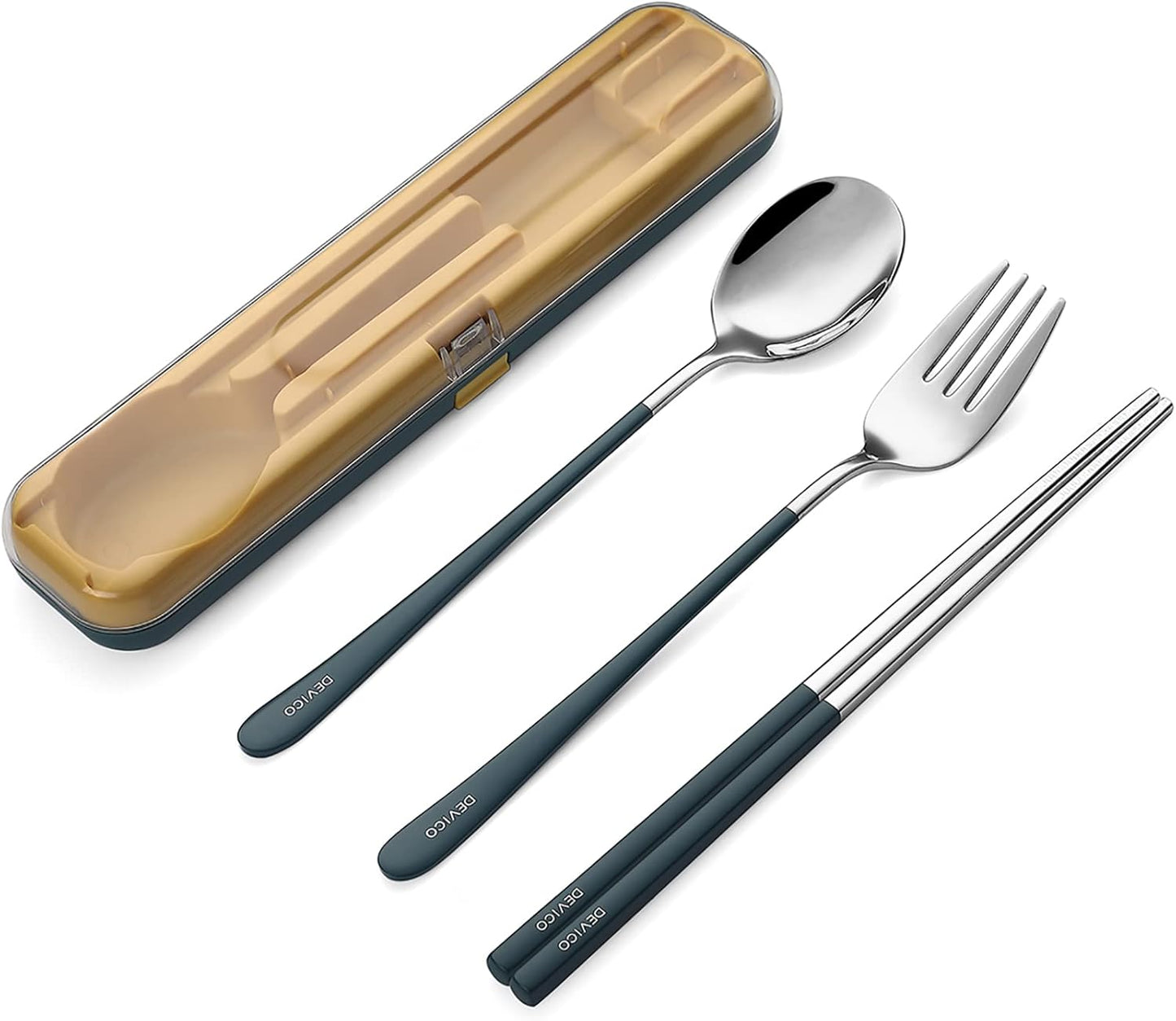 DEVICO Portable Utensils, Travel Reusable Silverware Flatware Set for Lunch, 18/8 Stainless Steel 4-Piece Camping Cutlery Include Fork Spoon Chopsticks with Case (Green)