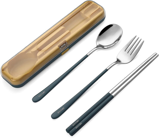 DEVICO Portable Utensils, Travel Reusable Silverware Flatware Set for Lunch, 18/8 Stainless Steel 4-Piece Camping Cutlery Include Fork Spoon Chopsticks with Case (Green)