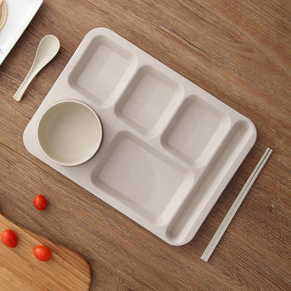 Cabilock Meal Prep Container Wheat Straw Divided Plates Divided Dinner Tray Beige Sections Dinner Plates with Bowl Spoon Chopsticks Cutlery Tableware for Adults Portion Control Plates