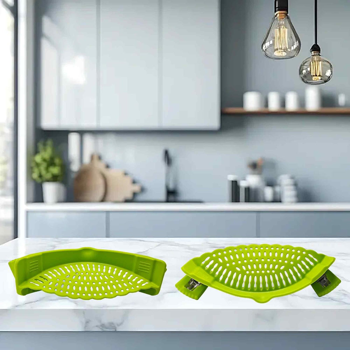 Blue Silicone Clip On Strainer, Universal Pot Colander for Draining Pasta, Vegetables and Kitchen Cooking