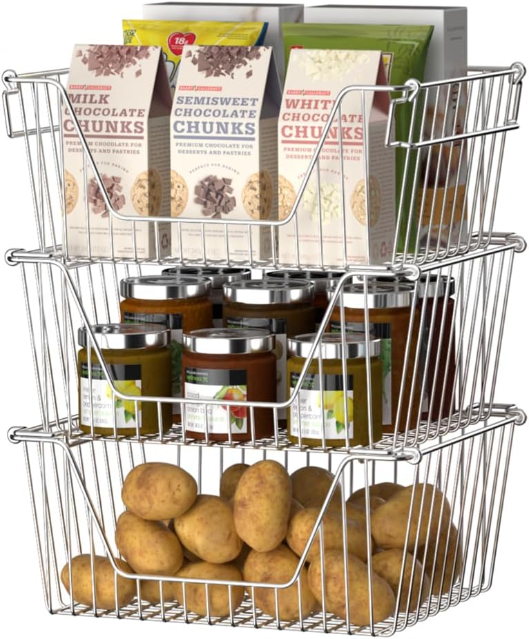 Slideep Wire Storage Baskets, Freezer Baskets Farmhouse Stackable Organizer Storage Bins Large Organizer for Storage, Office, Bathroom, Pantry Organization Storage with Handles 14" Black -Set of 3