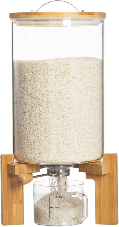 HBlife 5-7 Lbs Glass Rice Dispenser with Wooden Stand Flour and Cereal Container with Glass Measuring Cup Pantry Food Organization Storage Bin with Airtight Bamboo Lid, 3L