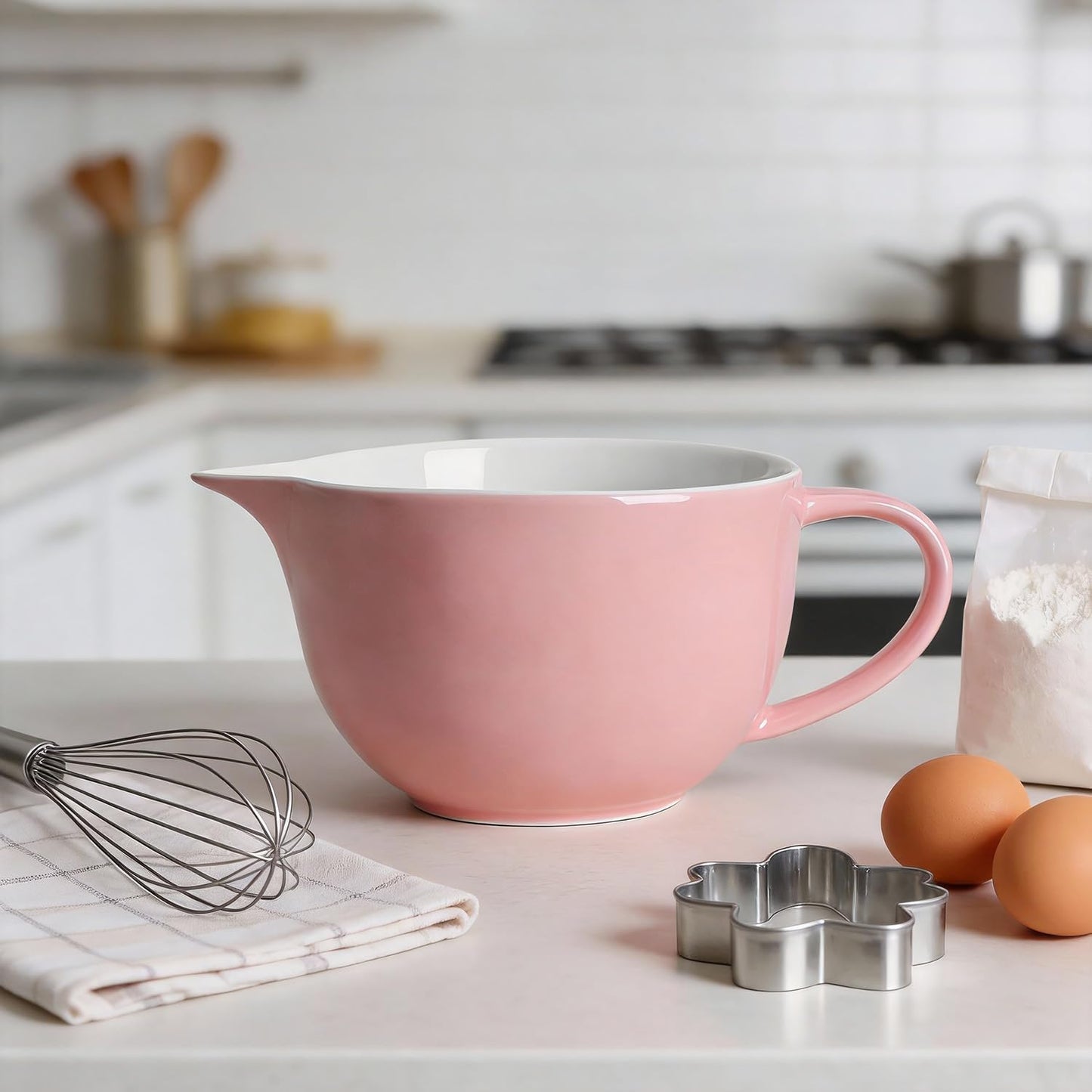 Gaolinci Simple Solid Color Kitchen Ceramic Mixing Bowl, 1 Quart Large Bowl, with Pouring Spout and Handle