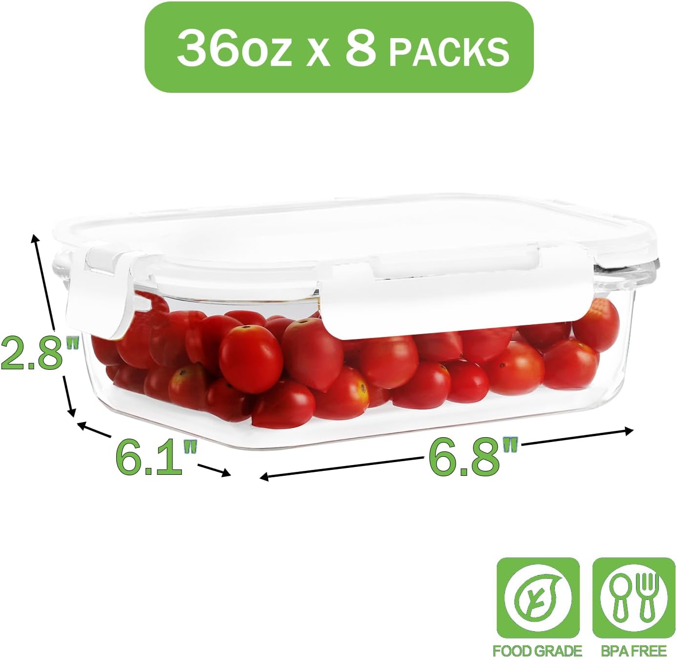 8 Pack 36oz Large Glass Meal Prep Containers with lids, Glass Food Storage Containers with Leak Proof Snap Lock Lids , Airtight Bento lunch Boxes, Kitchen Storage, Oven, Freezer and Dishwasher Safe