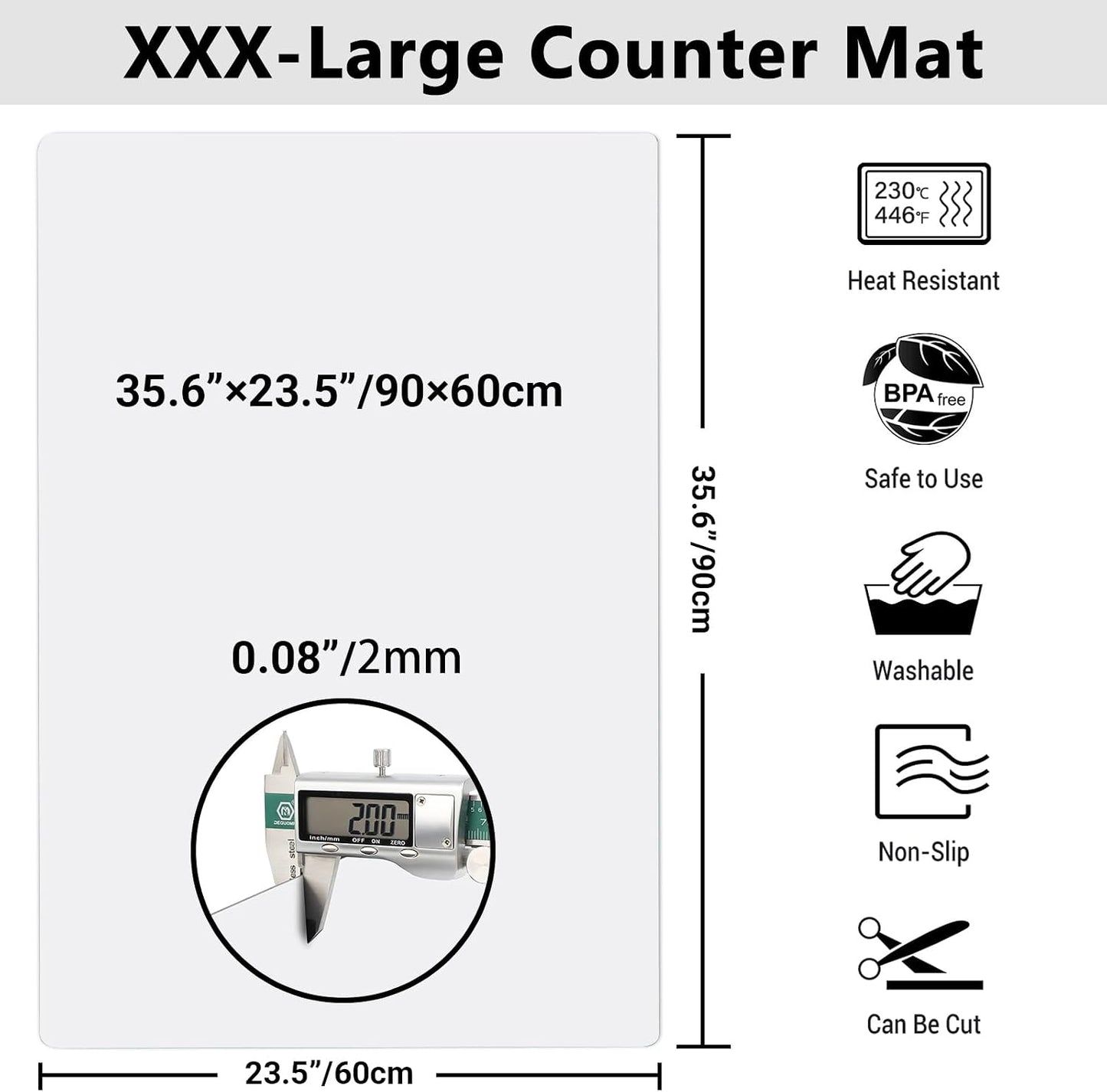 Ewen 25.6x17.7in Large Silicone Kitchen Counter Mat, 2mm Thick Heat Resistant Countertop Protector, Baking Silicone Mat under Air Fryer Toaster Oven Microwave Coffee Maker Cutting Board Drill Black