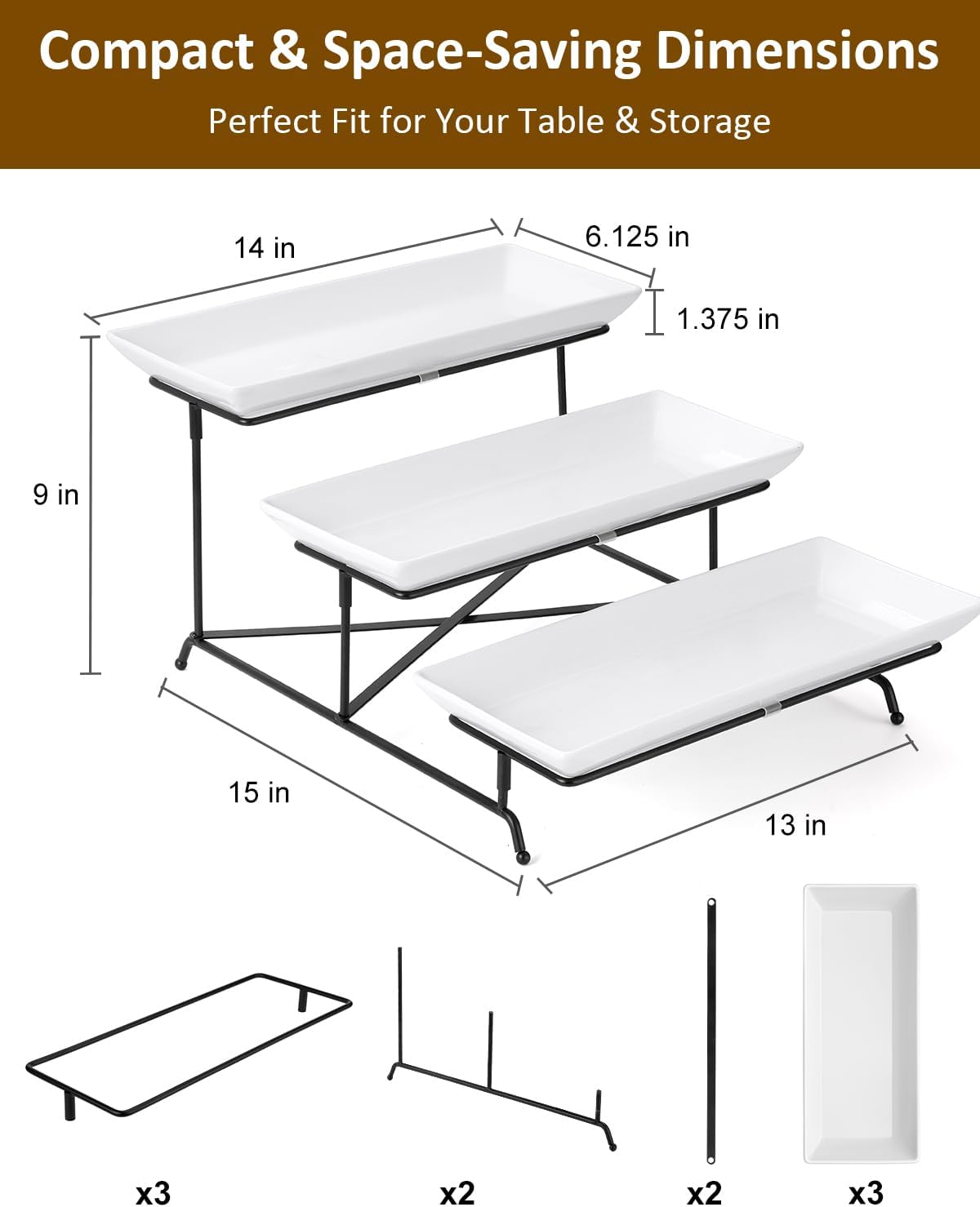 Yedio 3 Tier Serving Trays for Party, Porcelain Serving Platters and Trays, 12 Inch Tiered Tray Stand, Fruit Tray, Trays for Serving Food, White Dessert Stand with Collapsible Sturdier Metal Rack