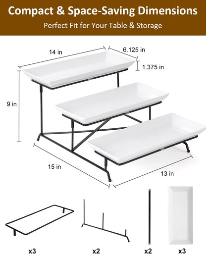 Yedio 3 Tier Serving Trays for Party, Porcelain Serving Platters and Trays, 12 Inch Tiered Tray Stand, Fruit Tray, Trays for Serving Food, White Dessert Stand with Collapsible Sturdier Metal Rack