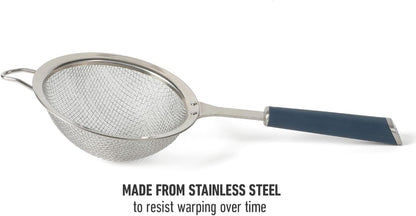 Calphalon Prime Edge 5-Inch Stainless Steel Strainer, Fine Mesh Kitchen Colander Strainer with Thermoplastic Rubber Handle, Sifter for Rinsing, Draining & Straining Food, Navy