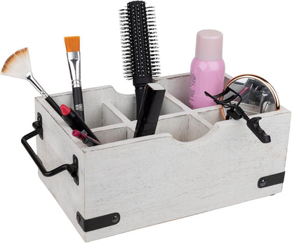GoCraft 6-Compartment Wooden Flatware Caddy – Versatile Organizer for Kitchen Utensils, Silverware, Condiments, Craft Supplies, Makeup Brushes – Whitewashed Mango Wood with Sturdy Metal Handles