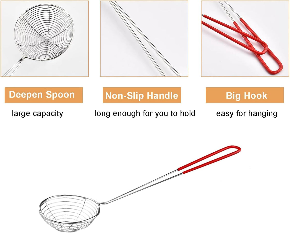 Hot Pot Strainer Spoons, Skimmer Slotted Scoop for Boba Pearls, Stainless Steel Spider Strainer with Handle, Mini Wire Mesh Colander for Cooking (2.5inch, Red)