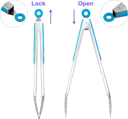 304 Stainless Steel Kitchen Cooking Tongs, 9" and 12" Set of 2 Sturdy Grilling Barbeque Brushed Locking Food Tongs with Ergonomic Grip, Black