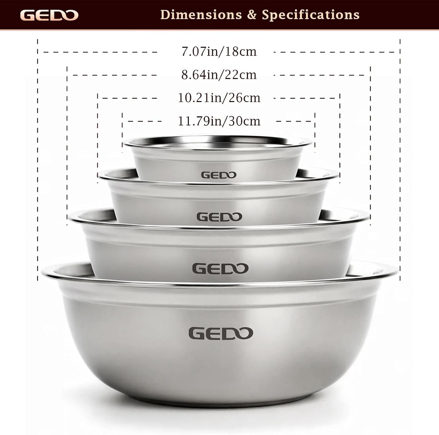 GEDO Stainless Steel 4 Piece Mixing Bowls Set, SUS316 Metal Nesting Bowls, Silver, Kitchen Food Prep Serving Bowls (7.07/8.64/10.21/11.79 in)