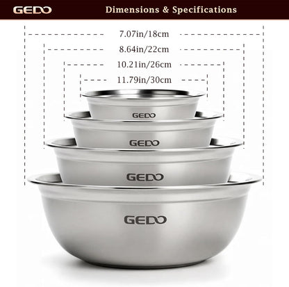GEDO Stainless Steel 4 Piece Mixing Bowls Set, SUS316 Metal Nesting Bowls, Silver, Kitchen Food Prep Serving Bowls (7.07/8.64/10.21/11.79 in)