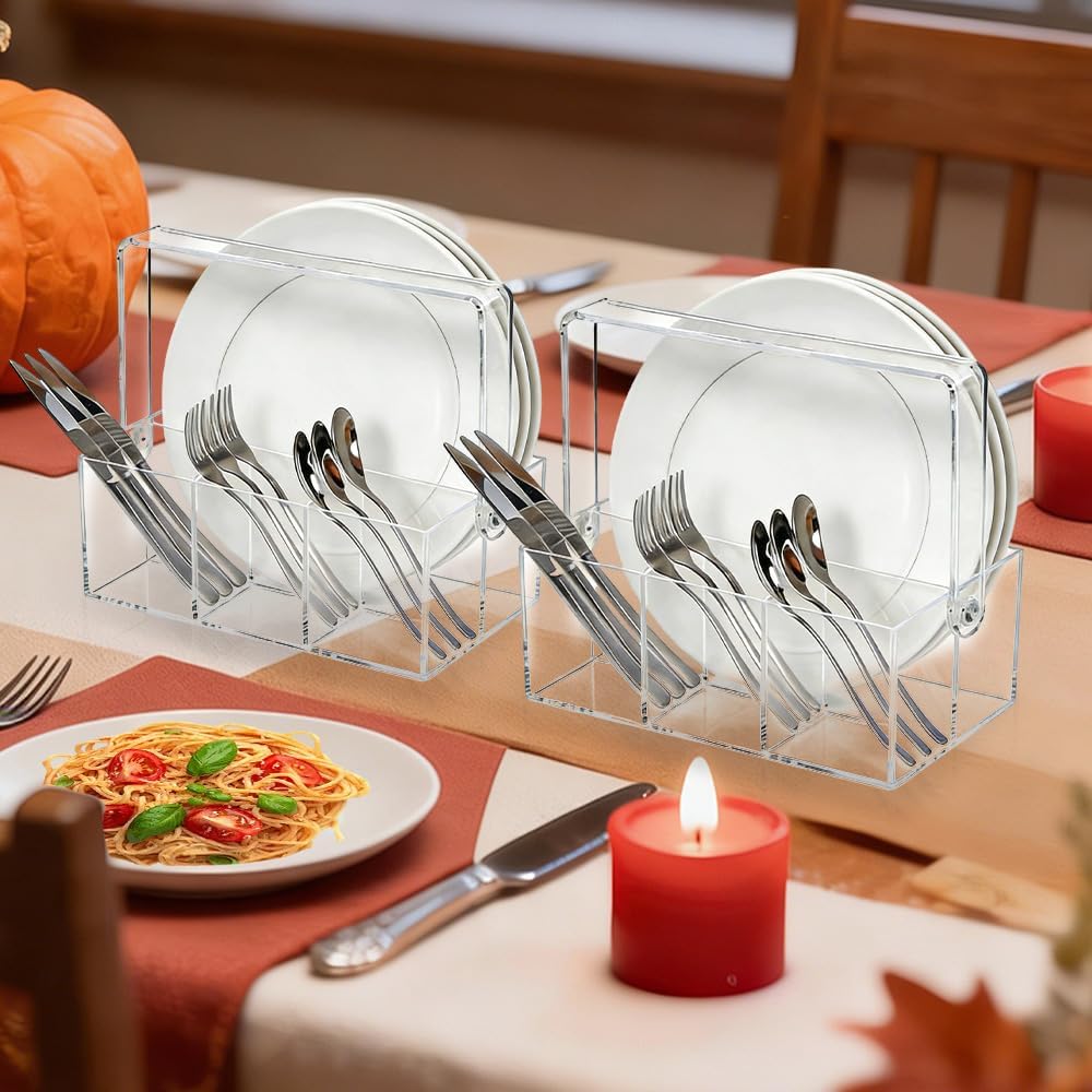 Acrylic Silverware Organizer, Utensil Holder-Heavy-Duty Countertop, Cutlery and Flatware for Spoons, Forks, Knives, Napkins, Plates, Buffet, Picnic Party
