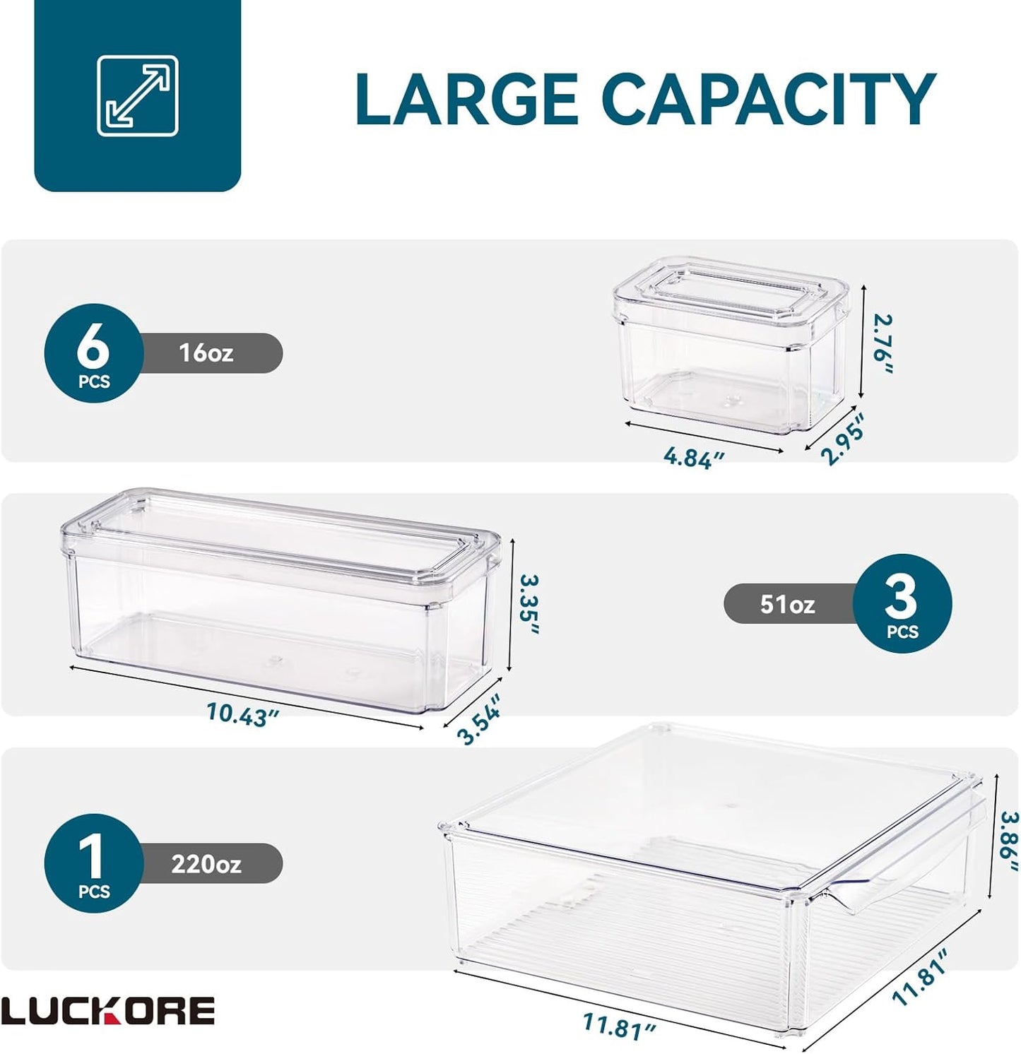 Luckore 4 Piece Refrigerator Organizer Bins, Clear Fridge Organizers and Storage, Stackable with Lids, Food Storage Containers for Fruit, Vegetable, Drinks, Cereals