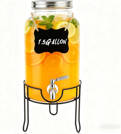 1.5 Gallon Glass Beverage Dispenser with Stand and Lid for Parties,Glass Drink Dispenser with Stainless Steel Leakproof Spigot,Mason Jar Drink Dispensers with Lids for Lemonade,Juice,Water