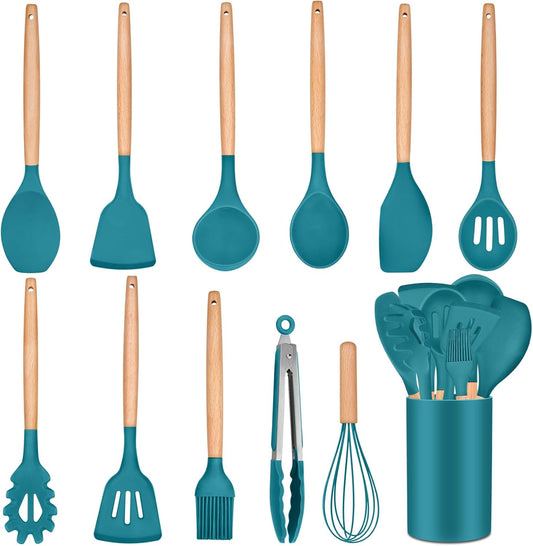 P&P CHEF Silicone Cooking Utensils Set, 12PCS Kitchen Utensils Set with Wooden Handle for Nonstick Cookware, Ladle, Spoon, Spatula, Tong, Heat-resistant & Non-scratch, Non Smell & Healthy, Khaki