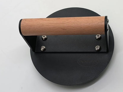 Kitchen Tools Heavy Duty Cast Iron Grill Press Burger Press Bacon Press Barbecue Press Meat Press Burger Smasher Griddle Press Round Flat Press with Anti Scalding Wooden Handle (6INCH)