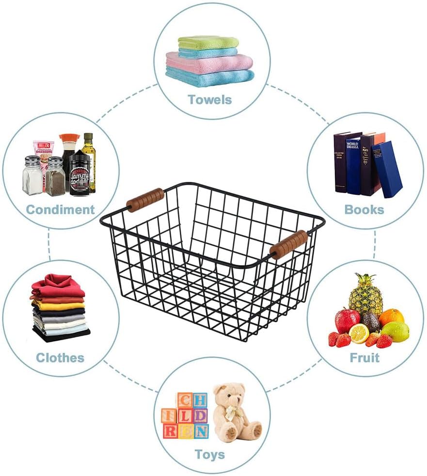 JUNCHU CHERRY Wire Kitchen Storage Basket 4 Packs,Perfect Pantry Organization Accessories Baskets,Laundry Basket,With a Wooden handle,Suitable for Kitchen,Bathroom,Bedroom,Tabletop,Stackable,Black